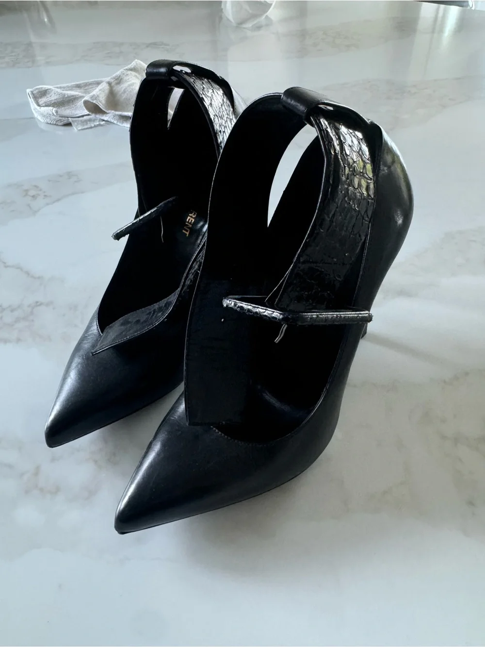 Saint Laurent Black Pointed Leather Stiletto Pumps with Wide Ankle Buckle - Picture 2 of 9